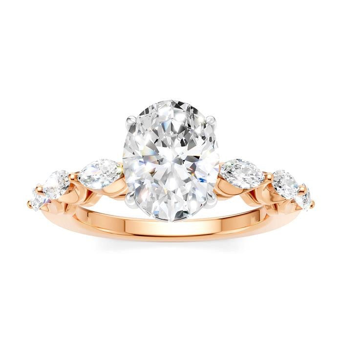 5/8 Ctw Oval Shape Marquise and Round Cut Diamond Semi-Mount Engagement Ring in 14K Rose and White Gold