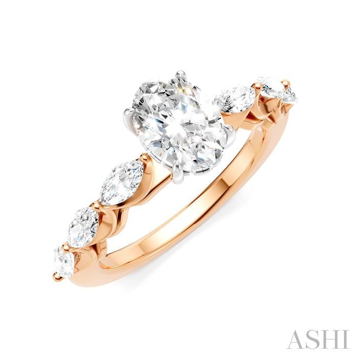 5/8 Ctw Oval Shape Marquise and Round Cut Diamond Semi-Mount Engagement Ring in 14K Rose and White Gold