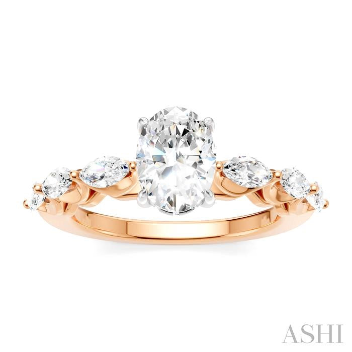 5/8 Ctw Oval Shape Marquise and Round Cut Diamond Semi-Mount Engagement Ring in 14K Rose and White Gold