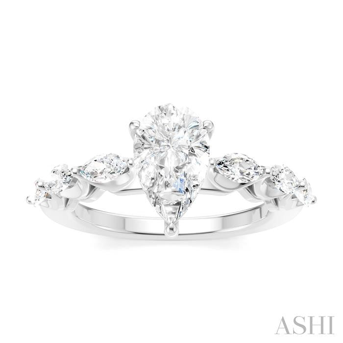 5/8 Ctw Pear Shape Marquise and Round Cut Diamond Semi-Mount Engagement Ring in 14K White Gold