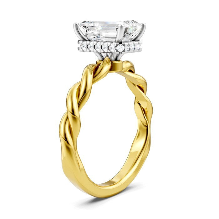1/10 Ctw Akari Twisted Shank Emerald Shape Round Cut Diamond Semi Mount Engagement Ring in 14K Yellow and White Gold
