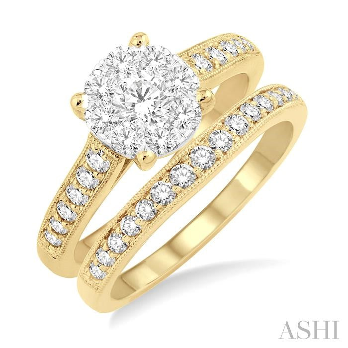 1 Ctw Diamond Wedding Set with 3/4 Ctw Shine Bright Round Cut Engagement Ring and 1/4 Ctw Wedding Band in 14K Yellow and White Gold