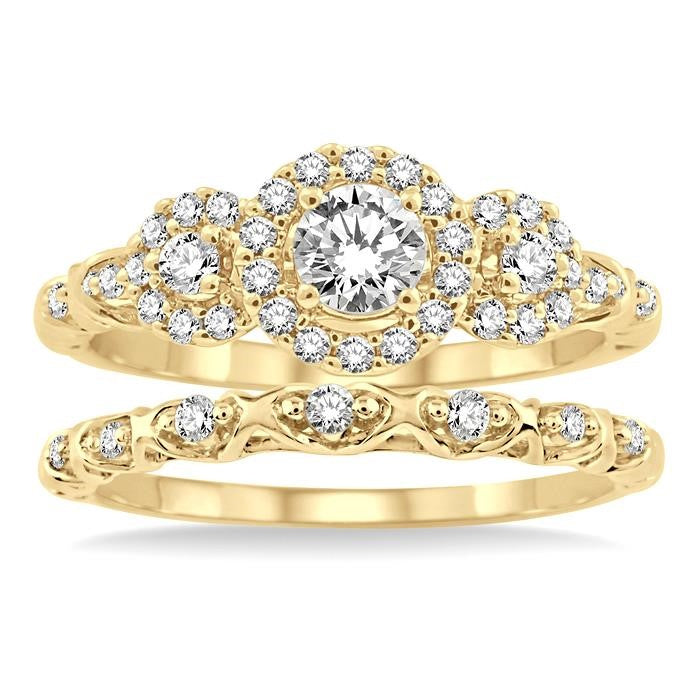 1/2 Ctw Diamond Wedding Set with 1/2 Ctw Round Cut Engagement Ring and 1/20 Ctw Wedding Band in 14K Yellow Gold
