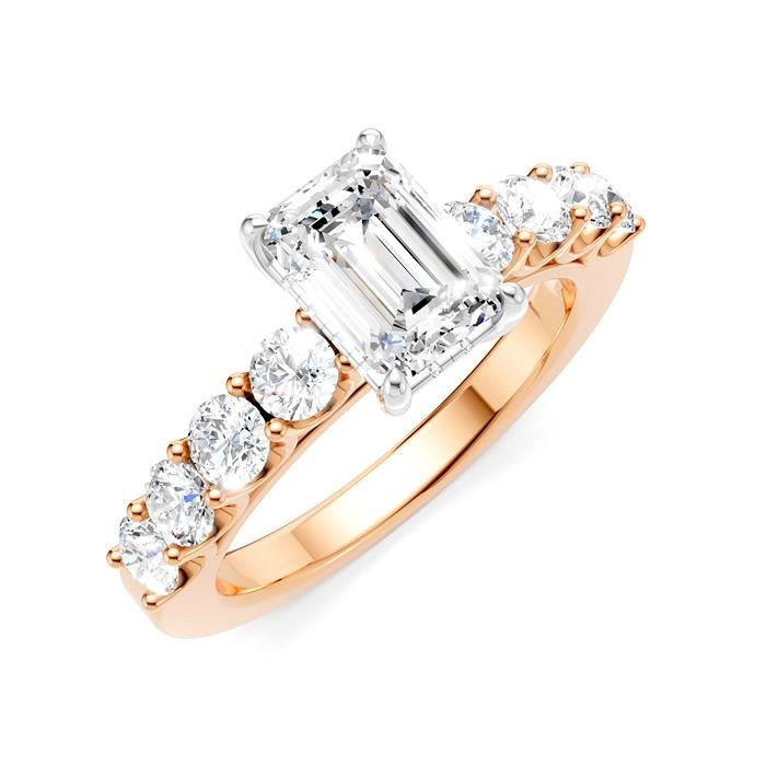 7/8 Ctw Emerald Shape Round Cut Diamond Semi-Mount Engagement Ring in 14K Rose and White Gold
