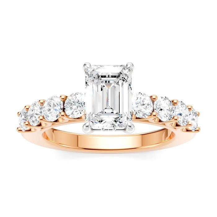 7/8 Ctw Emerald Shape Round Cut Diamond Semi-Mount Engagement Ring in 14K Rose and White Gold