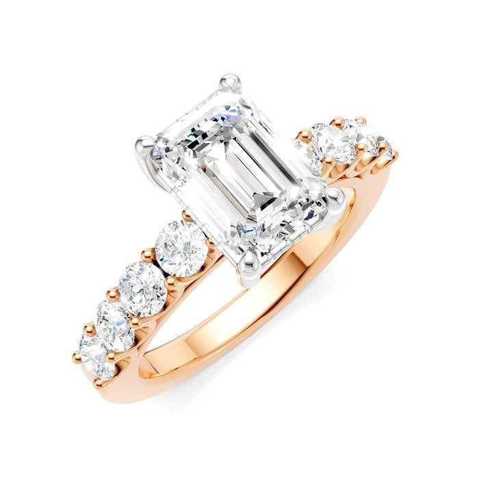 7/8 Ctw Emerald Shape Round Cut Diamond Semi-Mount Engagement Ring in 14K Rose and White Gold