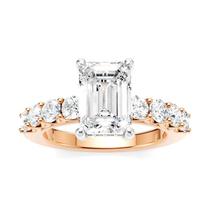 7/8 Ctw Emerald Shape Round Cut Diamond Semi-Mount Engagement Ring in 14K Rose and White Gold
