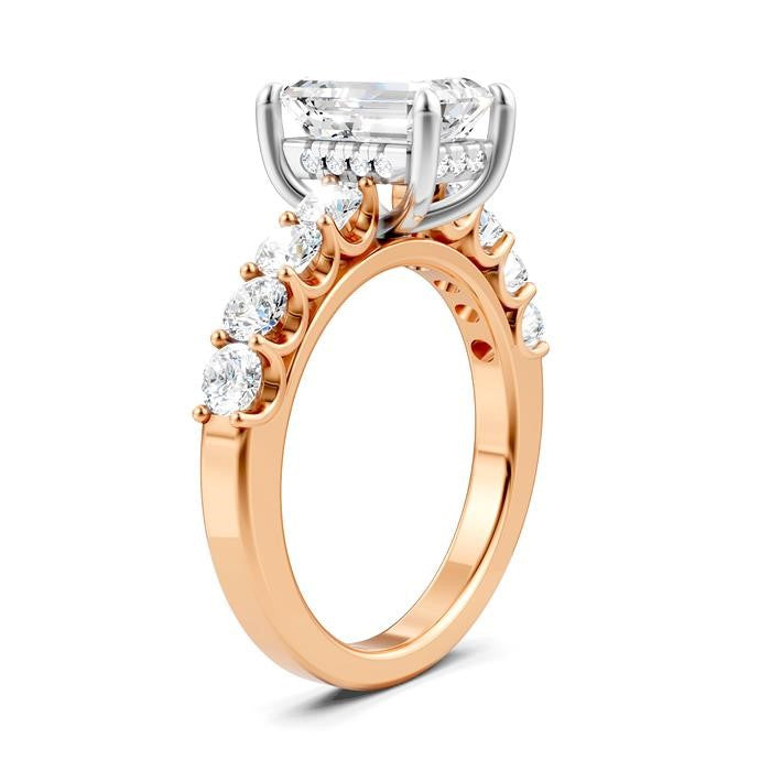 7/8 Ctw Emerald Shape Round Cut Diamond Semi-Mount Engagement Ring in 14K Rose and White Gold