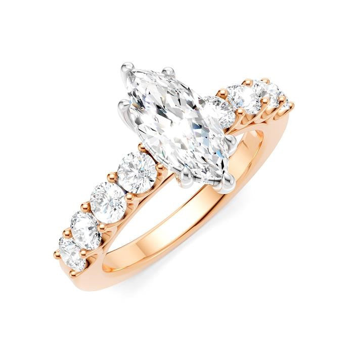 7/8 Ctw Marquise Shape Round Cut Diamond Semi-Mount Engagement Ring in 14K Rose and White Gold