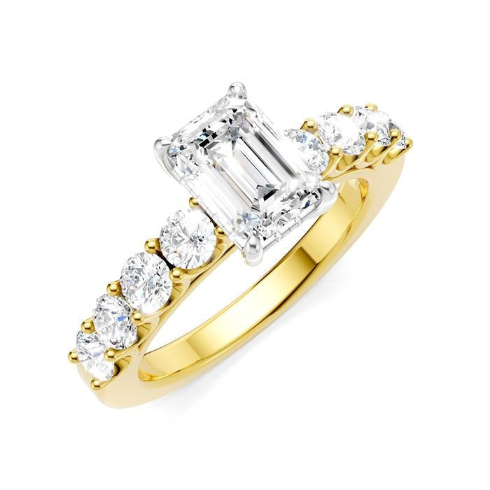 7/8 Ctw Emerald Shape Round Cut Diamond Semi-Mount Engagement Ring in 14K Yellow and White Gold