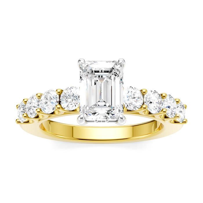 7/8 Ctw Emerald Shape Round Cut Diamond Semi-Mount Engagement Ring in 14K Yellow and White Gold