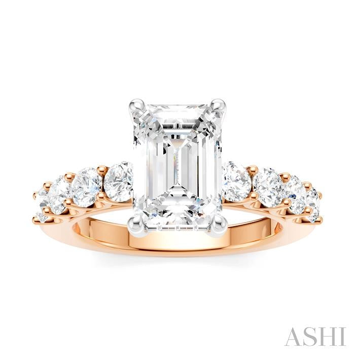 7/8 Ctw Emerald Shape Round Cut Diamond Semi-Mount Engagement Ring in 14K Rose and White Gold