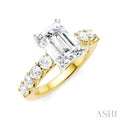 7/8 Ctw Emerald Shape Round Cut Diamond Semi-Mount Engagement Ring in 14K Yellow and White Gold