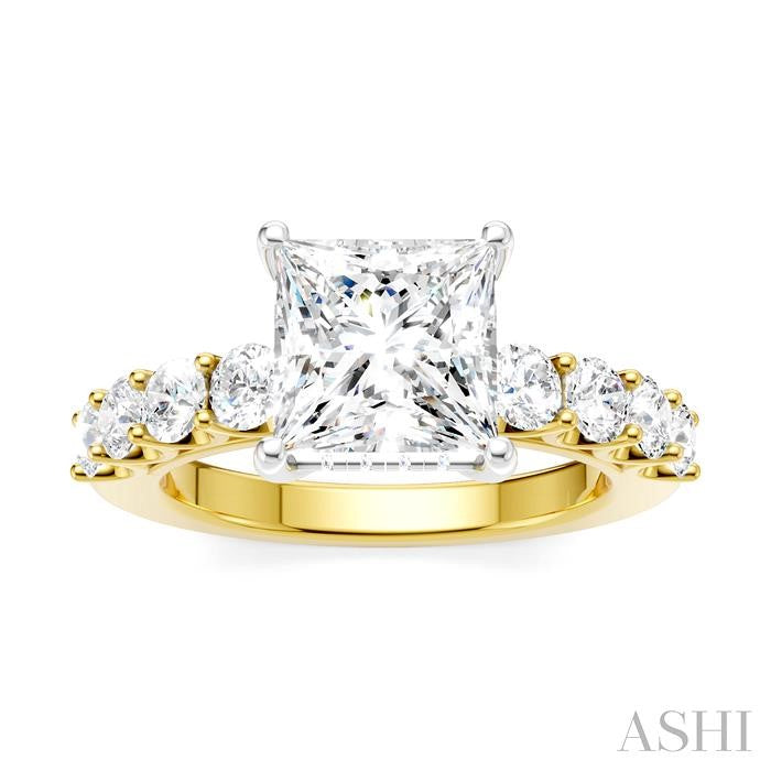 7/8 Ctw Princess Shape Round Cut Diamond Semi-Mount Engagement Ring in 14K Yellow and White Gold