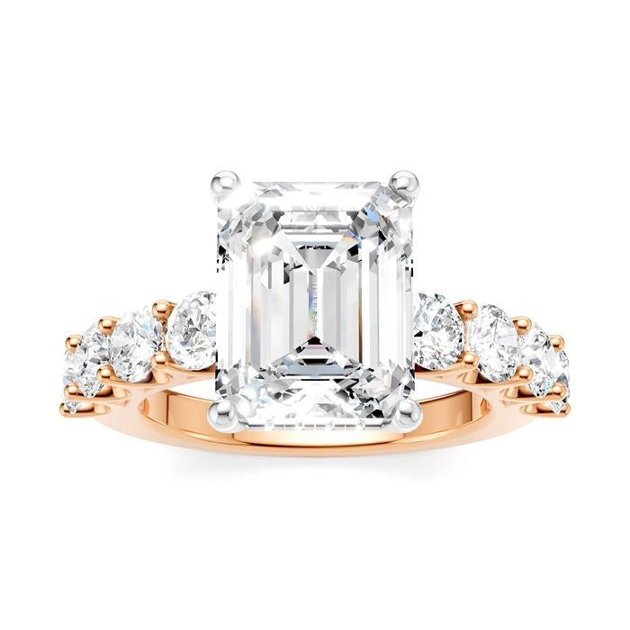 1 1/3 Ctw Emerald Shape Round Cut Diamond Semi-Mount Engagement Ring in 14K Rose and White Gold