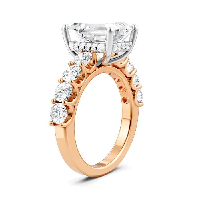 1 1/3 Ctw Emerald Shape Round Cut Diamond Semi-Mount Engagement Ring in 14K Rose and White Gold