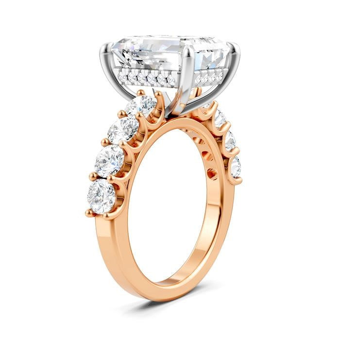 1 1/3 Ctw Emerald Shape Round Cut Diamond Semi-Mount Engagement Ring in 14K Rose and White Gold