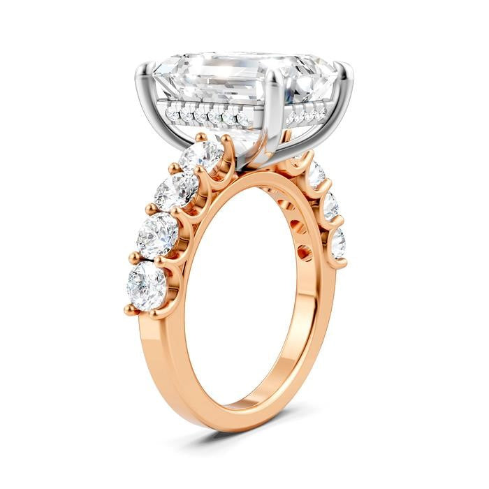 1 1/3 Ctw Emerald Shape Round Cut Diamond Semi-Mount Engagement Ring in 14K Rose and White Gold