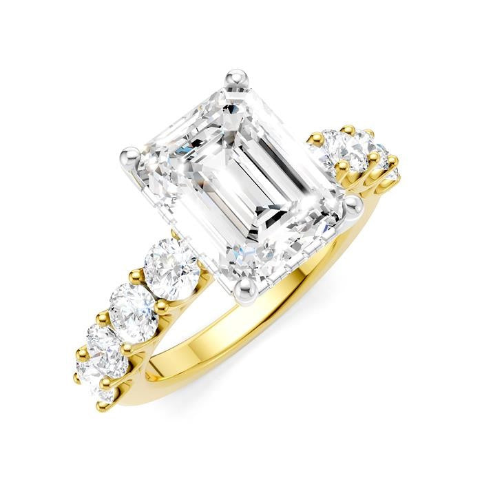 1 1/3 Ctw Emerald Shape Round Cut Diamond Semi-Mount Engagement Ring in 14K Yellow and White Gold