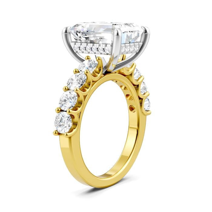 1 1/3 Ctw Emerald Shape Round Cut Diamond Semi-Mount Engagement Ring in 14K Yellow and White Gold