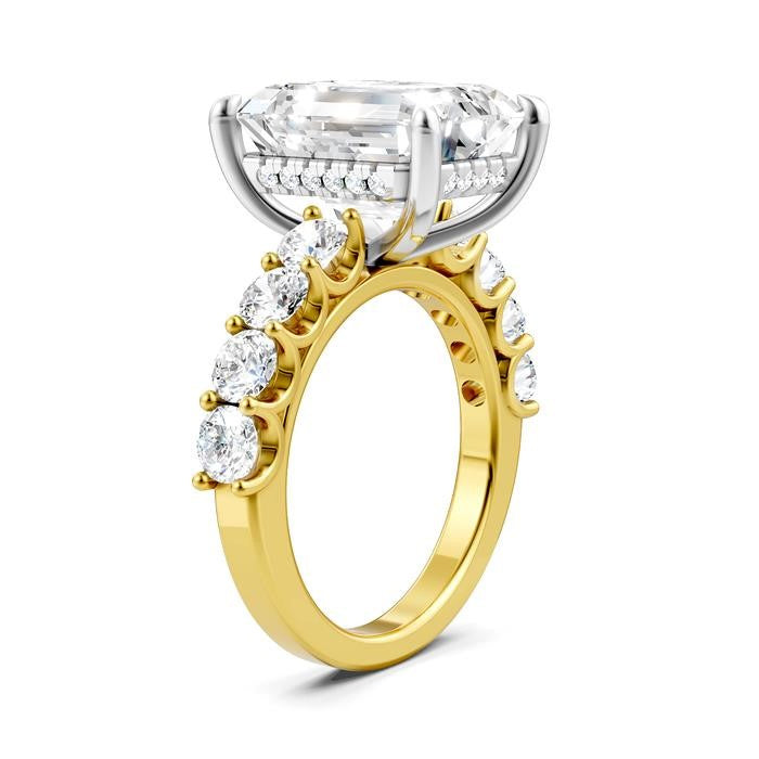 1 1/3 Ctw Emerald Shape Round Cut Diamond Semi-Mount Engagement Ring in 14K Yellow and White Gold
