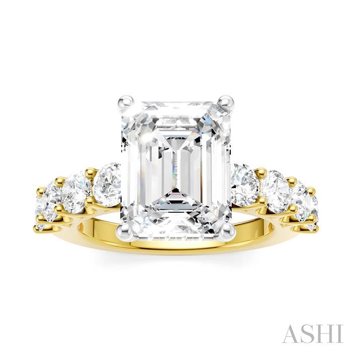 1 1/3 Ctw Emerald Shape Round Cut Diamond Semi-Mount Engagement Ring in 14K Yellow and White Gold