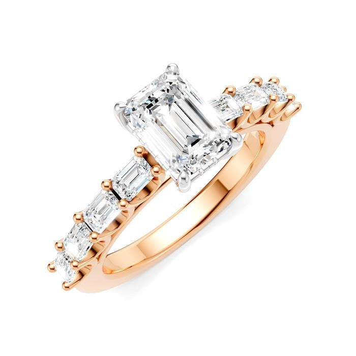 7/8 Ctw Emerald Shape Emerald and Round Cut Diamond Semi-Mount Engagement Ring in 14K Rose and White Gold