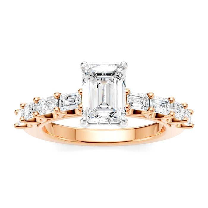 7/8 Ctw Emerald Shape Emerald and Round Cut Diamond Semi-Mount Engagement Ring in 14K Rose and White Gold