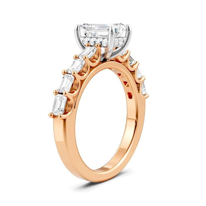 7/8 Ctw Emerald Shape Emerald and Round Cut Diamond Semi-Mount Engagement Ring in 14K Rose and White Gold