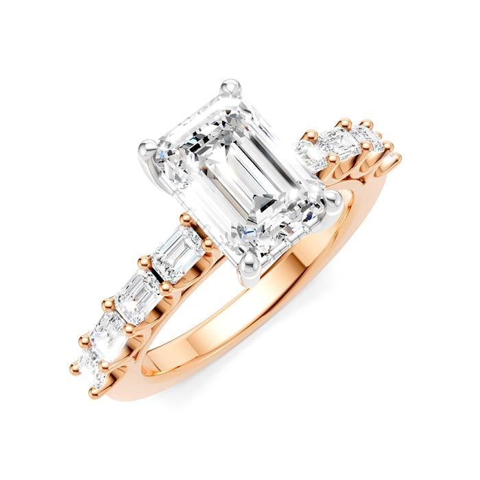 7/8 Ctw Emerald Shape Emerald and Round Cut Diamond Semi-Mount Engagement Ring in 14K Rose and White Gold
