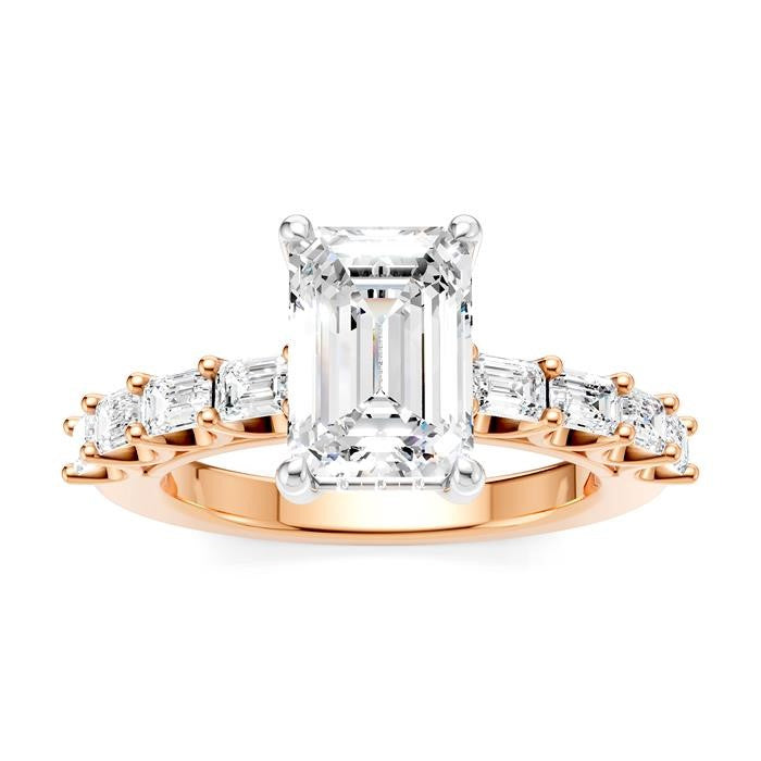 7/8 Ctw Emerald Shape Emerald and Round Cut Diamond Semi-Mount Engagement Ring in 14K Rose and White Gold