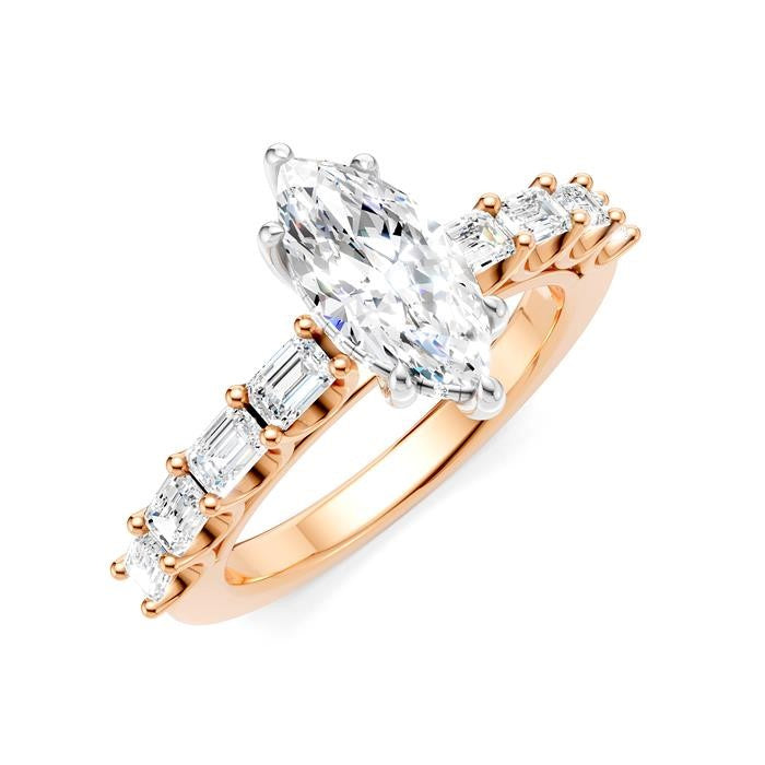 7/8 Ctw Marquise Shape Emerald and Round Cut Diamond Semi-Mount Engagement Ring in 14K Rose and White Gold
