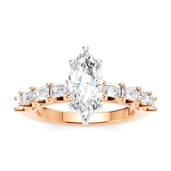 7/8 Ctw Marquise Shape Emerald and Round Cut Diamond Semi-Mount Engagement Ring in 14K Rose and White Gold