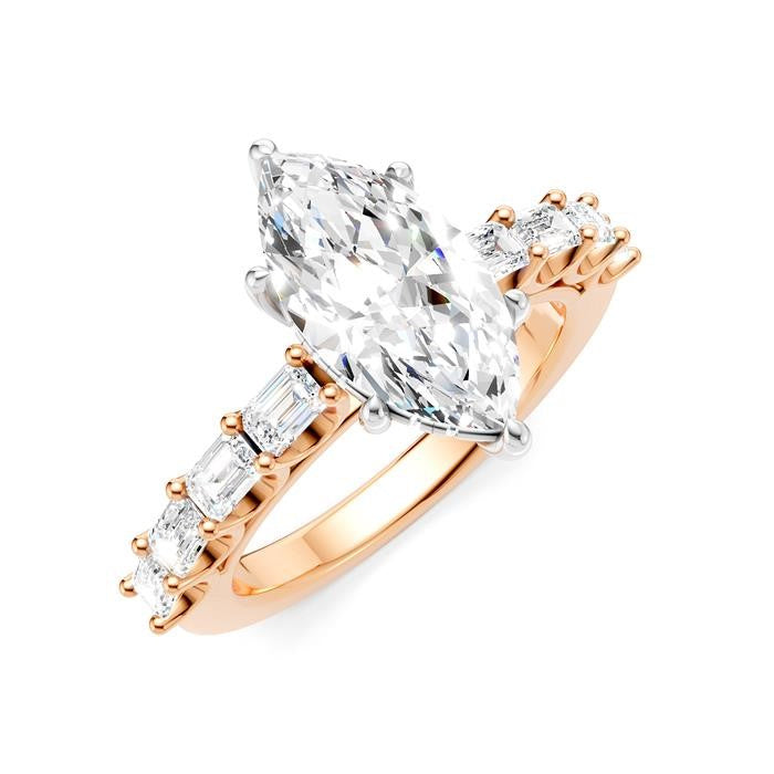 7/8 Ctw Marquise Shape Emerald and Round Cut Diamond Semi-Mount Engagement Ring in 14K Rose and White Gold
