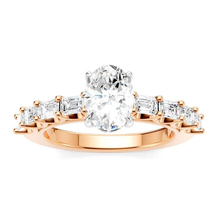 7/8 Ctw Oval Shape Emerald and Round Cut Diamond Semi-Mount Engagement Ring in 14K Rose and White Gold