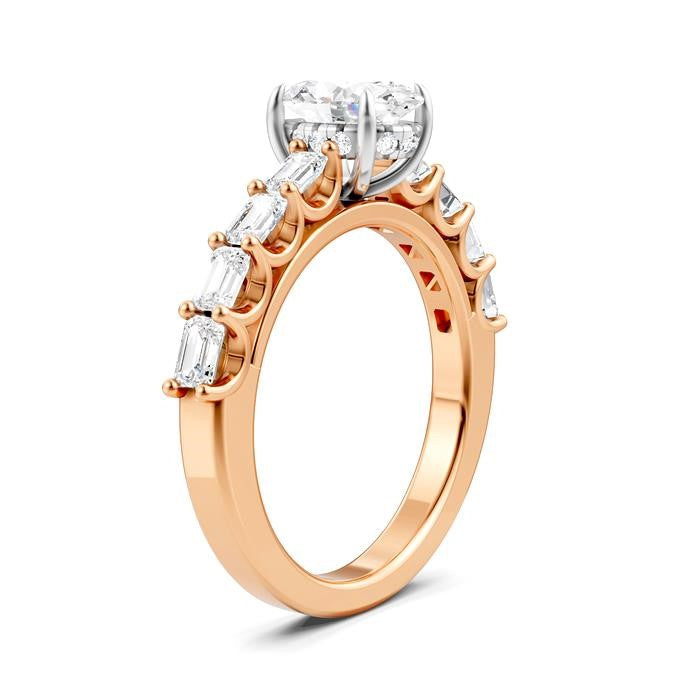 7/8 Ctw Oval Shape Emerald and Round Cut Diamond Semi-Mount Engagement Ring in 14K Rose and White Gold