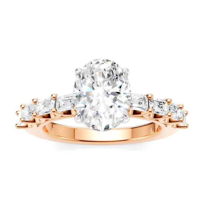 7/8 Ctw Oval Shape Emerald and Round Cut Diamond Semi-Mount Engagement Ring in 14K Rose and White Gold