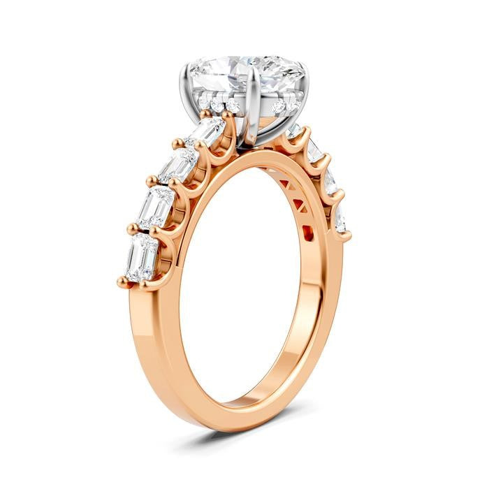 7/8 Ctw Oval Shape Emerald and Round Cut Diamond Semi-Mount Engagement Ring in 14K Rose and White Gold