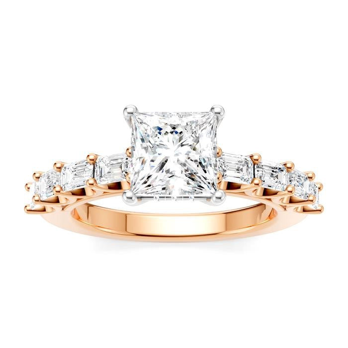 7/8 Ctw Princess Shape Emerald and Round Cut Diamond Semi-Mount Engagement Ring in 14K Rose and White Gold