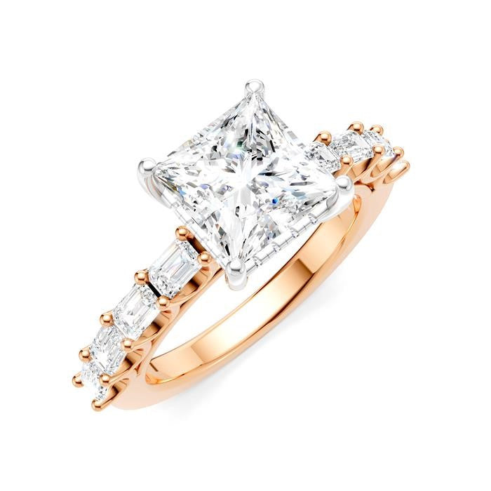 7/8 Ctw Princess Shape Emerald and Round Cut Diamond Semi-Mount Engagement Ring in 14K Rose and White Gold