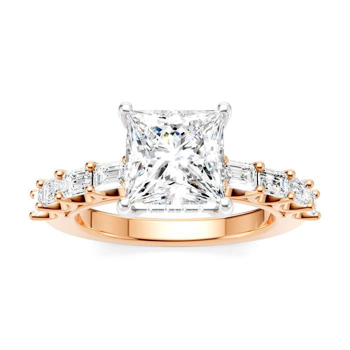 7/8 Ctw Princess Shape Emerald and Round Cut Diamond Semi-Mount Engagement Ring in 14K Rose and White Gold