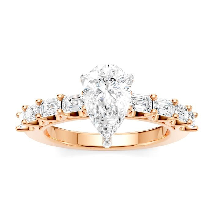 7/8 Ctw Pear Shape Emerald and Round Cut Diamond Semi-Mount Engagement Ring in 14K Rose and White Gold