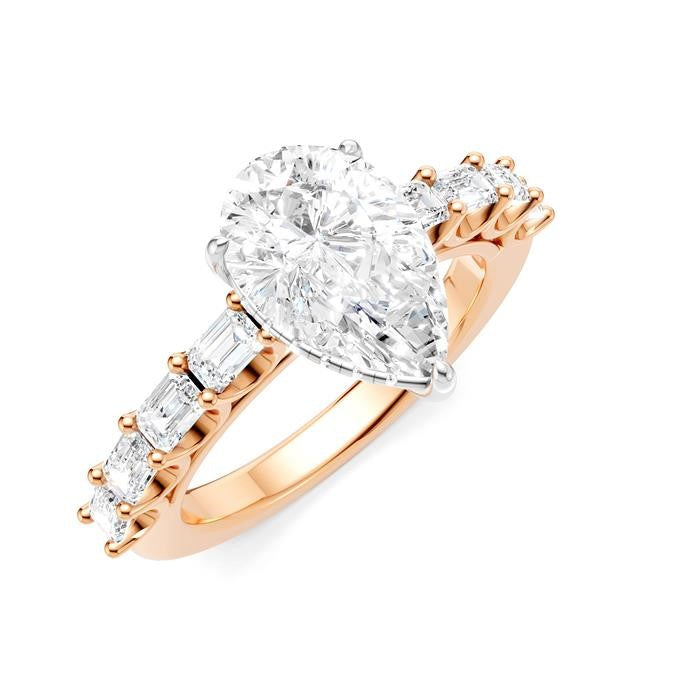 7/8 Ctw Pear Shape Emerald and Round Cut Diamond Semi-Mount Engagement Ring in 14K Rose and White Gold