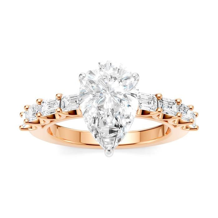 7/8 Ctw Pear Shape Emerald and Round Cut Diamond Semi-Mount Engagement Ring in 14K Rose and White Gold