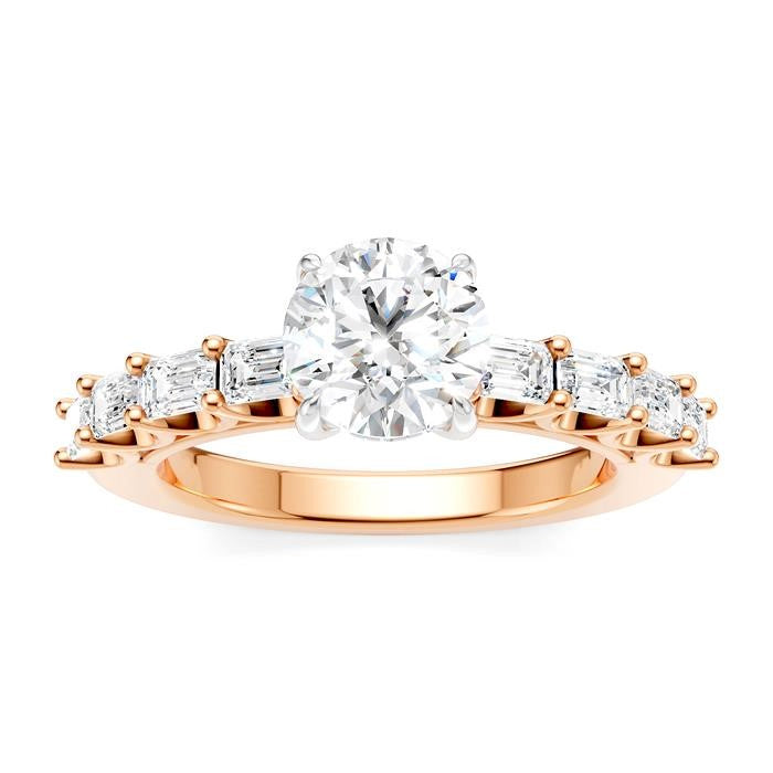 7/8 Ctw Round Shape Emerald and Round Cut Diamond Semi-Mount Engagement Ring in 14K Rose and White Gold