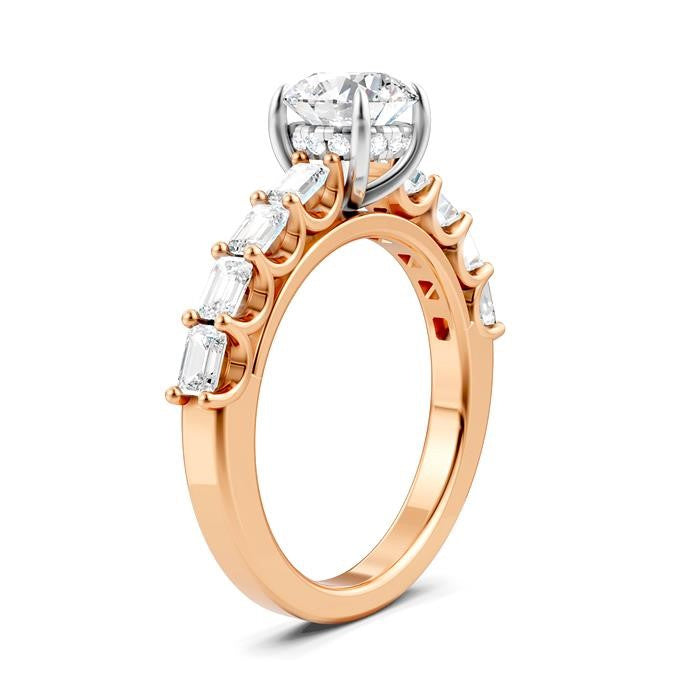 7/8 Ctw Round Shape Emerald and Round Cut Diamond Semi-Mount Engagement Ring in 14K Rose and White Gold
