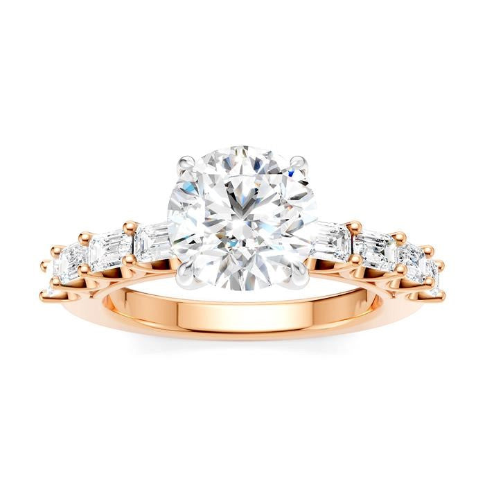 7/8 Ctw Round Shape Emerald and Round Cut Diamond Semi-Mount Engagement Ring in 14K Rose and White Gold
