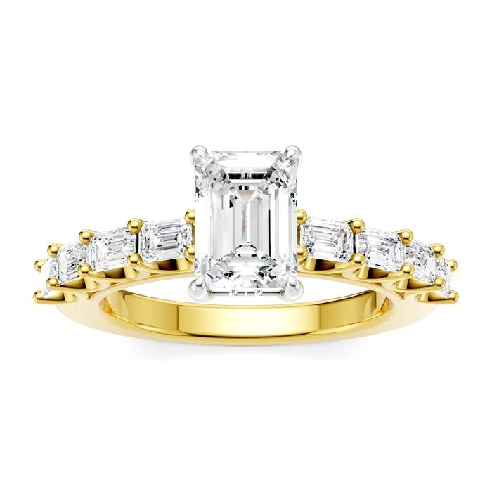 7/8 Ctw Emerald Shape Emerald and Round Cut Diamond Semi-Mount Engagement Ring in 14K Yellow and White Gold