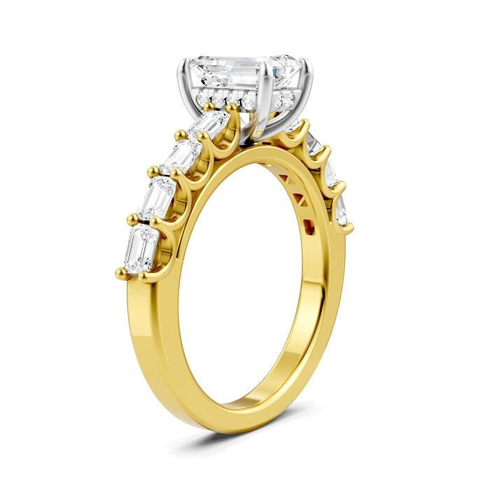 7/8 Ctw Emerald Shape Emerald and Round Cut Diamond Semi-Mount Engagement Ring in 14K Yellow and White Gold