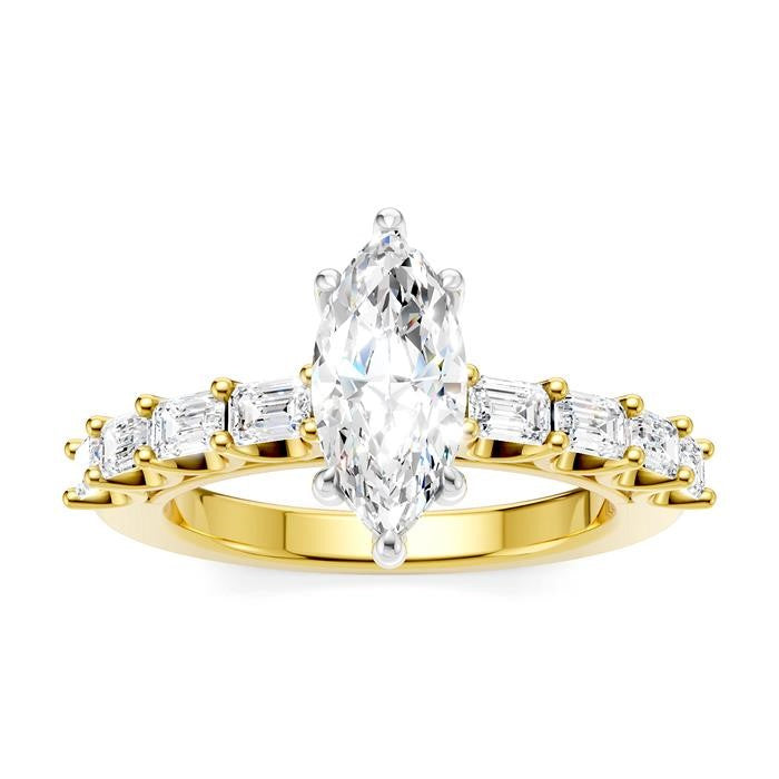 7/8 Ctw Marquise Shape Emerald and Round Cut Diamond Semi-Mount Engagement Ring in 14K Yellow and White Gold